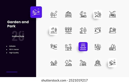 Garden Park lines icon set. Garden Park genres and attributes. Linear design. Lines with editable stroke. Isolated vector icons.