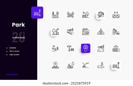 Conjunto de iconos de líneas de Garden Park. Géneros y atributos de Garden Park. Diseño lineal. Líneas con trazo editable. Iconos aislados del vector.