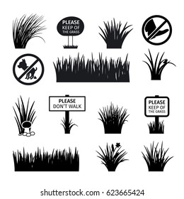 Garden or park signs. Do not spoil grass, meadows and lawns silhouettes icons. Vector illustration