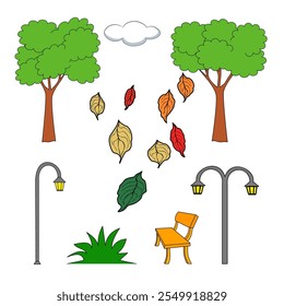 Jardim e parques ativos. Desenho vetorial. Isolado. Objetos de paisagem. Árvores. Faróis de rua. Grama. Folhas. Banco. Desenhos Pode ser incorporado facilmente em qualquer projeto.