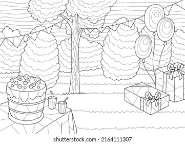 Garden party coloring graphic black white landscape sketch illustration vector 
