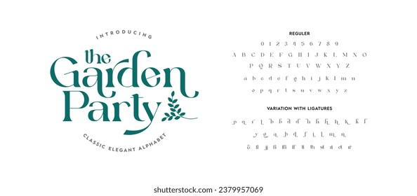 Die Gartenparty mit kompletter Typografie: Elegante, stilvolle Alphabet-Buchstaben, Ligaturen und Zahlen. Vektorgrafik