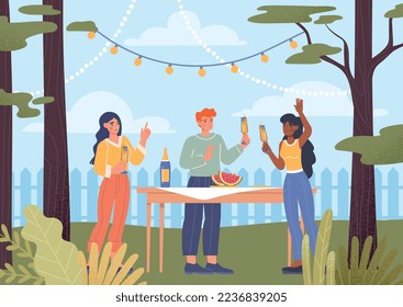 Garden party concept. Man and girl with alcoholic drink and pieces of watermelon on table. Event and outdoor activities, holiday and festival, picnic on nature. Cartoon flat vector illustration