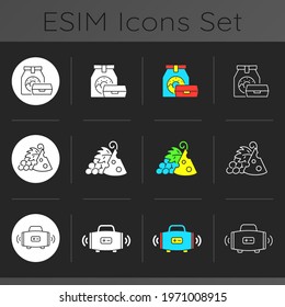 Garden party dark theme icons set. Take away food. Pairing cheese and grapes. Wireless loudspeaker. Outdoor gatherings. Linear white, solid glyph and RGB color styles. Isolated vector illustrations