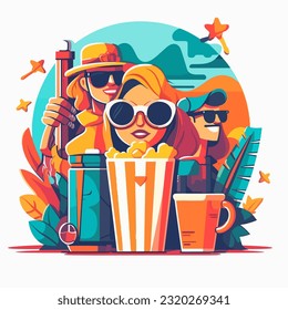 Garden party. Fast food and popcorn. Cartoon illustration. white background, label, sticker
