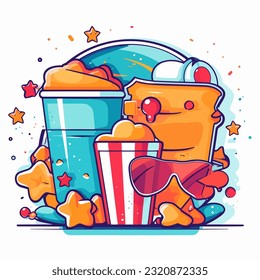 Garden party. Fast food and popcorn. Cartoon illustration. white background, label, sticker