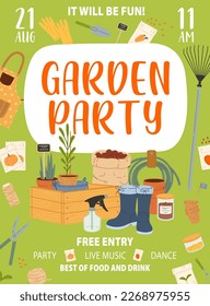 Garden party flyer with vector gardening tools. Cartoon garden boots, flower pots and seedlings, rake, spade and shovel, bucket, wood crate and watering hose, summer or spring outdoor party poster