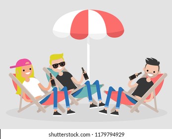 Garden party. Hanging out with friends. Young people seating in a chaise lounges. Outdoor leisure. Flat editable vector illustration, clip art