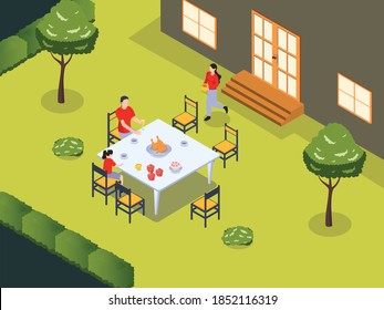 Garden party isometric vector concept: Mother preparing BBQ party on the backyard