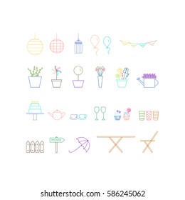 Garden party line icon set. Vector illustration. Colorful birthday, tea party collection. 