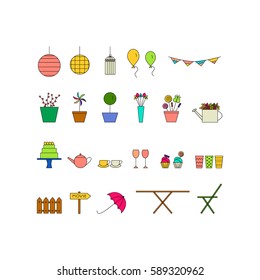 Garden party line icon set. Vector illustration. Colorful birthday, tea party collection. 