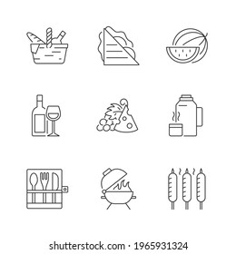 Garden party linear icons set. Picnic basket. Sandwiches. Serving fruit. Alcoholic drink. Thermos flask. Customizable thin line contour symbols. Isolated vector outline illustrations. Editable stroke