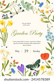 Cartel de la fiesta en el jardín. Marco floral para invitación y postal de bienvenida. Plantas de florecimiento y floración. Te importan las flores. Fauna y flora de temporada de primavera. Dibujo vectorial plano de dibujos animados