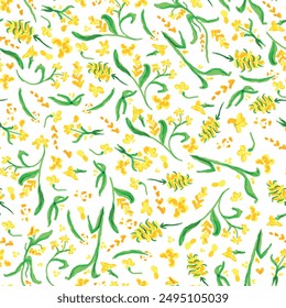 Garden party, yellow and green hand drawn plants seamless repeat pattern. Random placed, vector botany aop, all over surface print on white background.