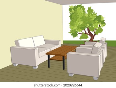 garden patio vector illustration. outdoor furniture groop
