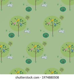 Garden pattern with birds and trees. Bushes with berries . Vector . For kids  . Background for wallpaper . Gift wrapping textiles. Bedclothes .