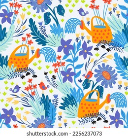 Garden pattern in bright colors with flowers and water buckets