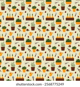 Garden pattern - flowers in pots and tools. Plants in pots. Flower bulbs in a garden box. Secateurs and scissors. Insects - ladybugs and snails. Colored background. Vector illustration