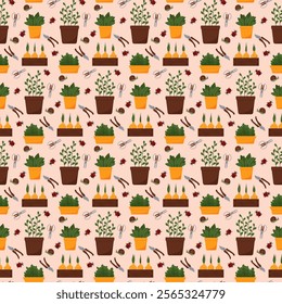 Garden pattern. Potted plants. Flower bulbs in a garden box. Secateurs and scissors. Gardening tools. Colored background. Vector illustration