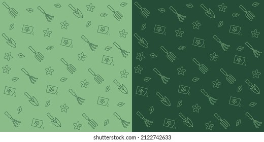 Garden pattern. Seamless garden pattern. Gardening Tools. Flowers Greenery