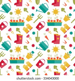 Garden pattern with watering can, gloves, shovel, rake , bucket, flower pot , carrots , broccoli , flowers, crop. Garden elements seamless pattern on white background