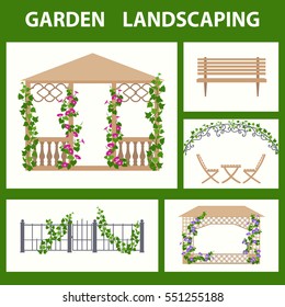 Garden pavilions and garden furniture color icons set. Landscape design elements in flat style,  isolated on white background. Vertical gardening illustrations.