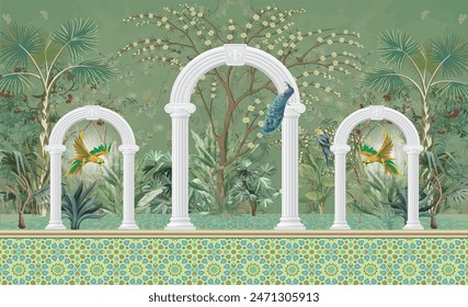 Jardín con pavo real, sala de estar Fondo de pantalla. Fondo de pantalla de estilo Chinoiserie.