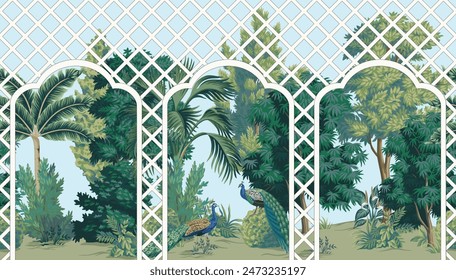 Garden with peacock, pergola, trees, plants mural. Landscape wallpaper.