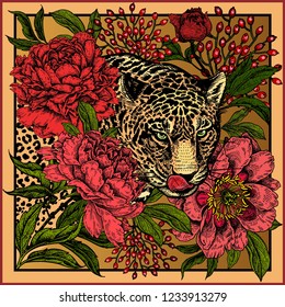 Garden peonies and wild leopard. Floral and Beast style. Template for design scarf or pillow. Print with animals and flowers. Wildlife motifs. Vector illustration. Gold, black, red and green.