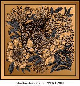 Garden peonies and wild leopard. Template for design scarf or pillow. Gold foil print with animals and flowers on black background. Wildlife motifs. Vector illustration. Beast style.