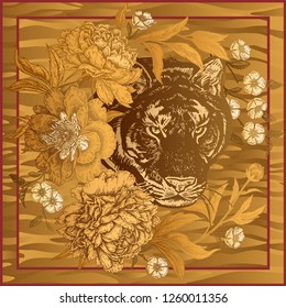 Garden peonies and wild tiger. Template for design scarf or pillow. Gold foil print with animals and flowers on gold background. Wildlife motifs. Vector illustration. Beast style.