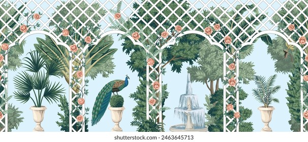 Garden with pergola, peacock, fountain, vases, roses and mural. Landscape wallpaper.