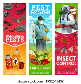 Garden pest and insects control banners. Man in hazmat suit and gas mask spraying pesticide on vegetables with sprayer and fumigation machine, repellents or insecticide spray against pests vector