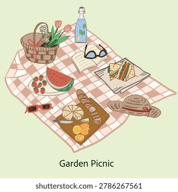 Garden picnic holiday at the park vector elements with weave basket, flowers, cheese board charcuterie, sandwiches