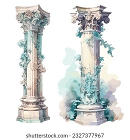 garden pillar with leaf vines in watercolor