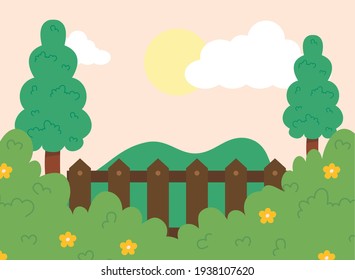 Garden pine trees and fence