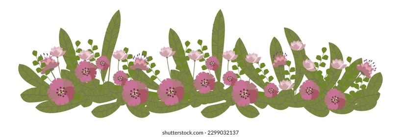 Garden pink flowers isolated on transparent background. Green grass and flowers isolated on transparent background. Vector illustration on transparent bg. PNG transparency.