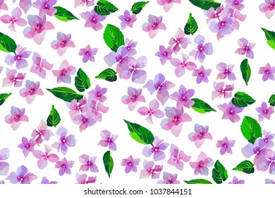 Garden Pink Hydrangea flowers seamless pattern. Botanical illustration in hand drawn style. Lilac Flowers isolated. Vector floral design for cosmetics perfume products, textile prints, wedding cards.