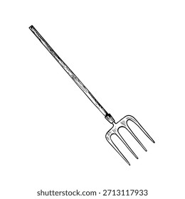 Garden pitchfork. Black and white vector illustration drawn by hand. Garden and farm pitchfork with wooden handle. Concept of an agricultural tool. Design element.