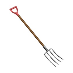 Garden pitchfork icon realistic. Fork for gardening and farming with wooden handle isolated on white background. Farm work tool concept. Vector illustration