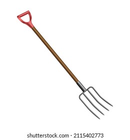 Garden pitchfork icon realistic. Fork for gardening and farming with wooden handle isolated on white background. Farm work tool concept. Vector illustration