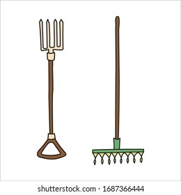 Garden pitchfork and rake. Hand drawn simple icon. Doodle vector illustration on white background.