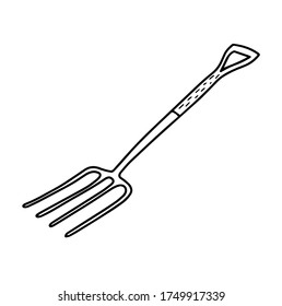 Garden pitchforks isolated on a white background. Garden forks. Tools for earthworks and territory cleaning. Vector illustration in Doodle style