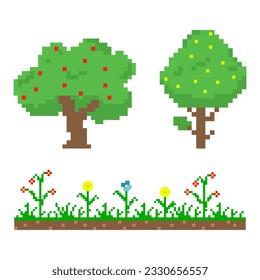Arte de píxeles de jardín, árboles, hierba y flores de 8 bits