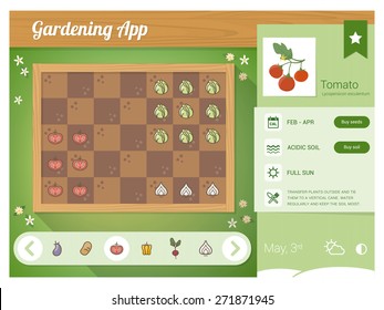 Garden planner app with vegetables nutrition sheet, rectangular garden with drag and drop vegetables icons