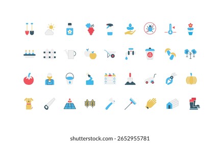 Garden plant cultivation, greenhouse and trees of orchard, gardener tools color icon set. Hose and watering can, shovel in soil and fertilizer, farmers wheelbarrow and bucket flat vector illustration