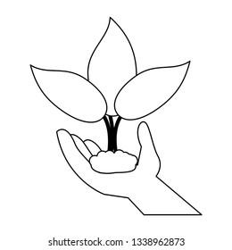 garden plant in hand cartoon in black and white