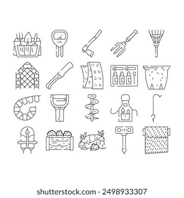 garden plant tree nature seed icons set vector. care shovel, water rake, seedling organic, flower agriculture, grass pot, hose garden plant tree nature seed black contour illustrations