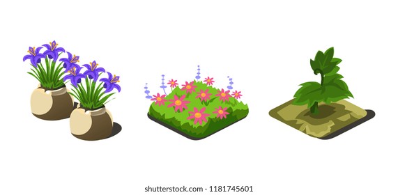 Garden plants and flowers, game user interface nature elements for video computer games vector Illustration