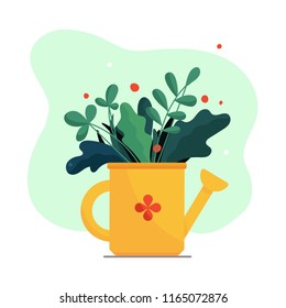 Garden plants and flowers in yellow watering can. Outdoor gardening bouquet. Modern abstract simple flat art style. Vector illustration isolated on white. 